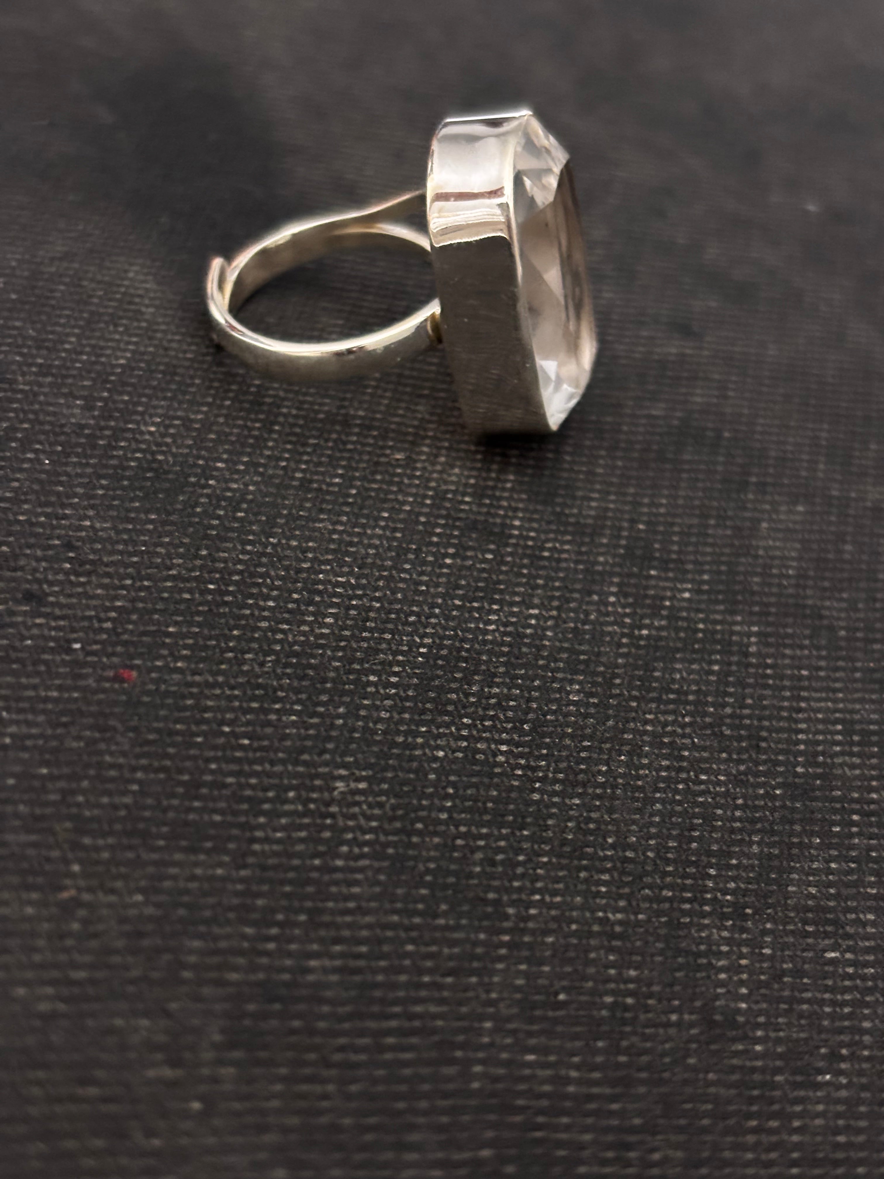 Faceted Clear Quartz Rectangle Silver Finger Ring