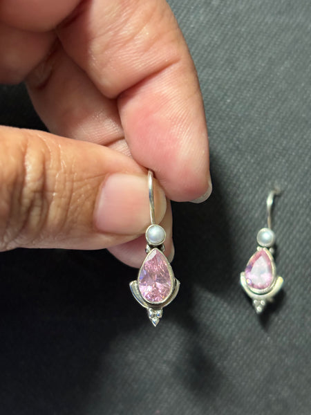 Silver Pink Quartz Pearl Earrings