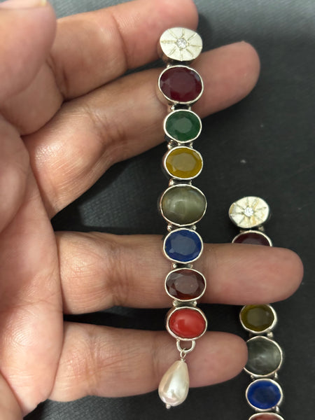 Silver  Navrathan Long Earrings