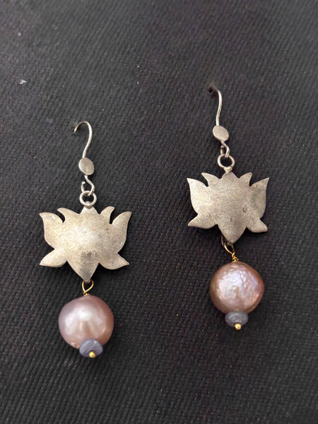 Silver Lotus with Pearl Drop Earrings