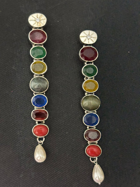 Silver  Navrathan Long Earrings