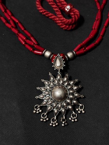Sunburst Silver Pendant With Coral