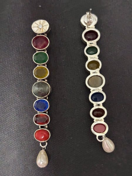 Silver  Navrathan Long Earrings