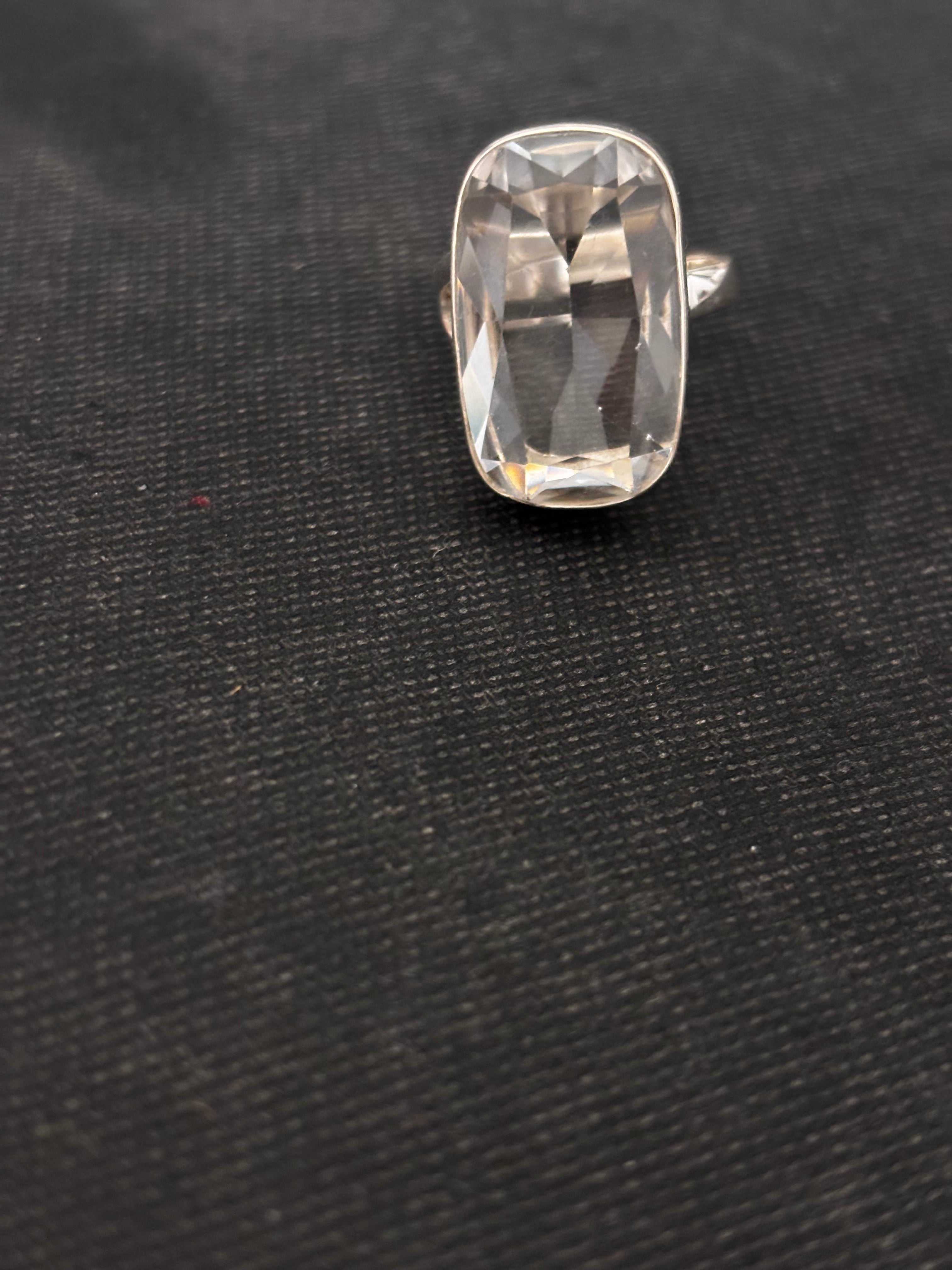 Faceted Clear Quartz Rectangle Silver Finger Ring