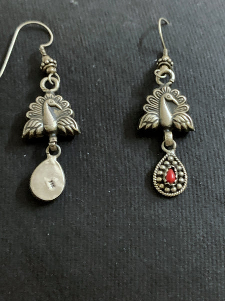 Silver Peacock Coral Earrings