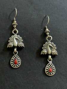Silver Peacock Coral Earrings