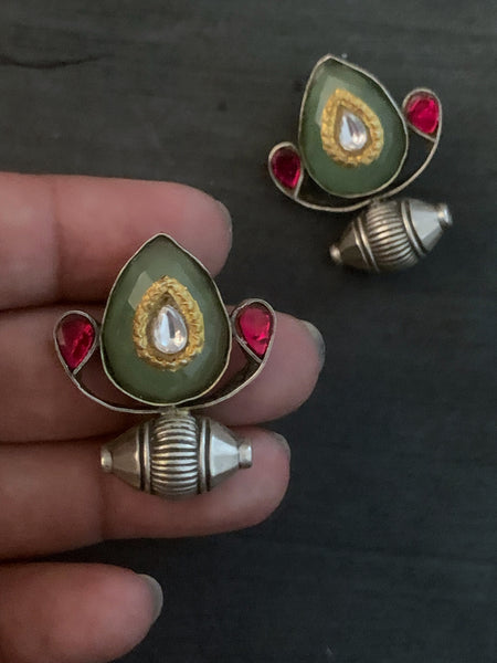 Silver Onyx Kundan Earrings