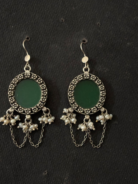 Green Glass Silver Earrings