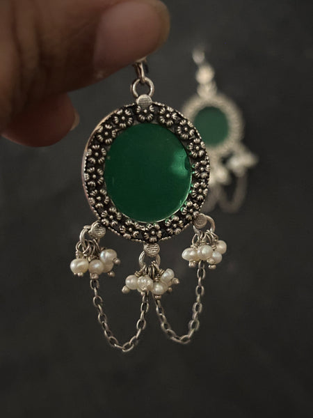 Green Glass Silver Earrings