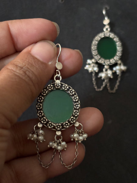 Green Glass Silver Earrings