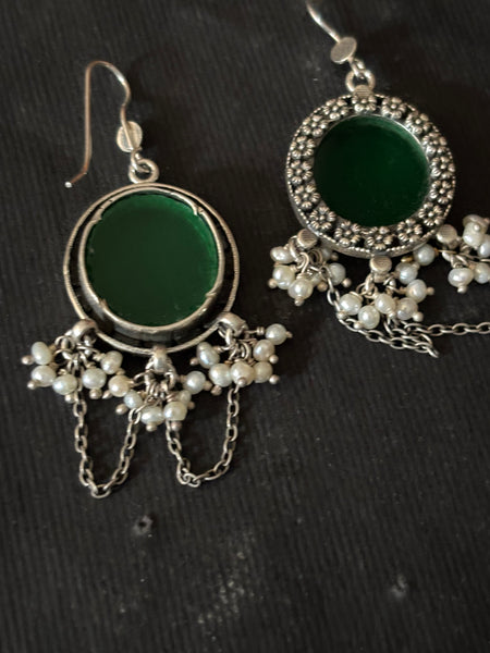 Green Glass Silver Earrings
