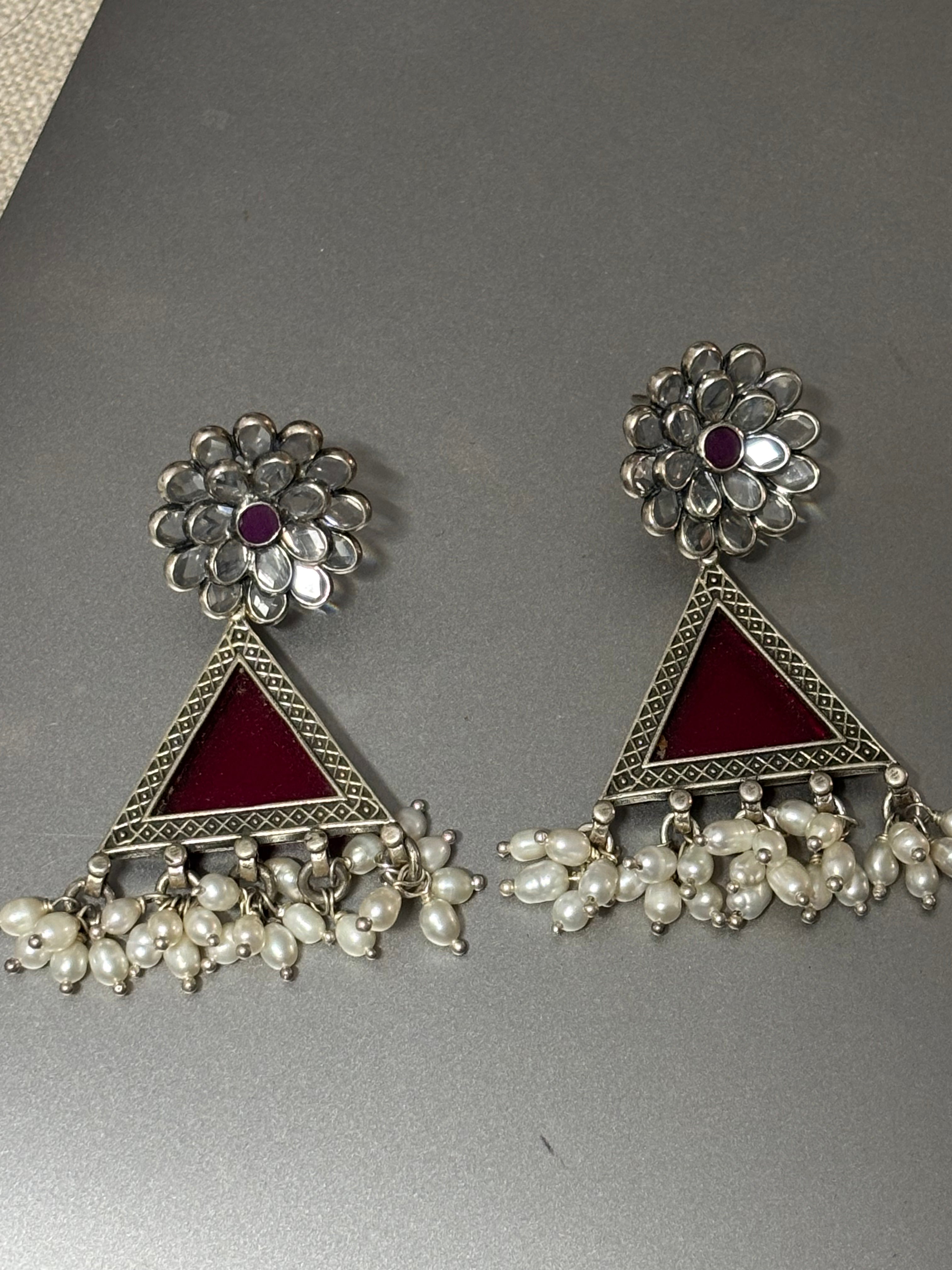 Magenta Glass Silver Earrings