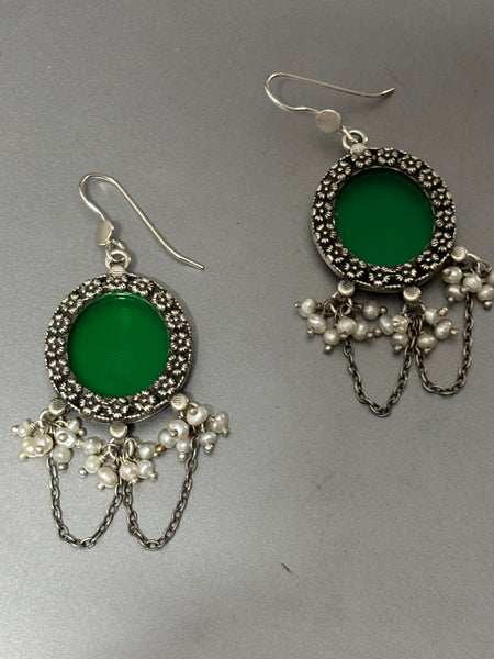 Green Glass Silver Earrings