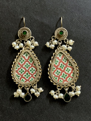 Maroon Green Handpainted Earrings