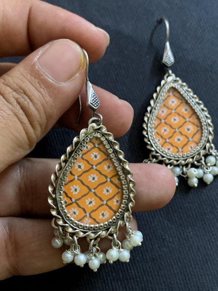 Silver Handpainted Orange Earrings