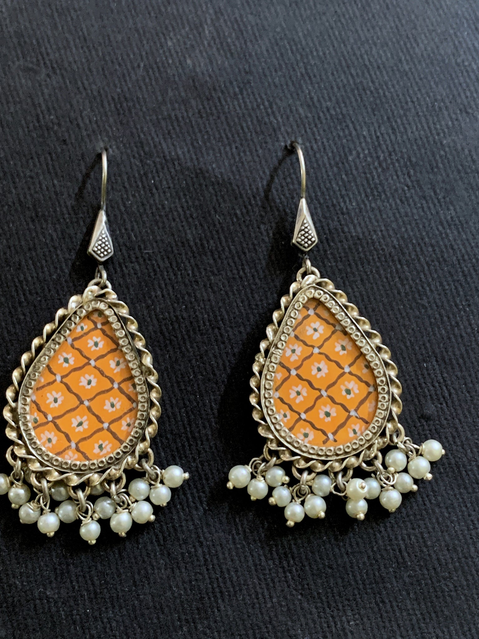 Silver Handpainted Orange Earrings