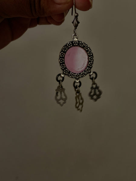 Oval Light Pink Glass Silver Earrings
