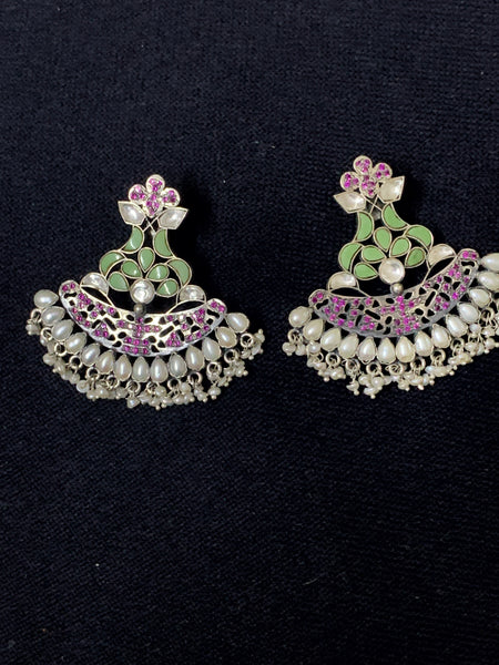 Kundan Green And Pink Earrings