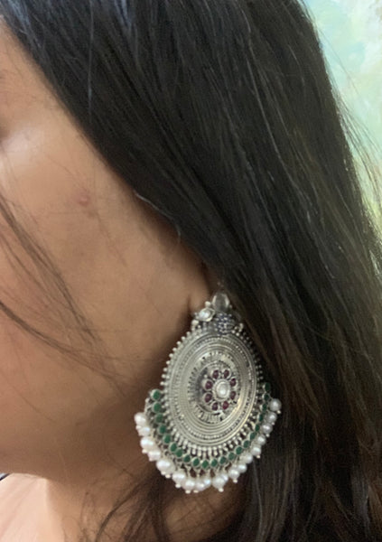Big Silver Studs with Kundan and Blue Stone