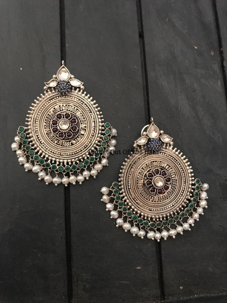 Big Silver Studs with Kundan and Blue Stone
